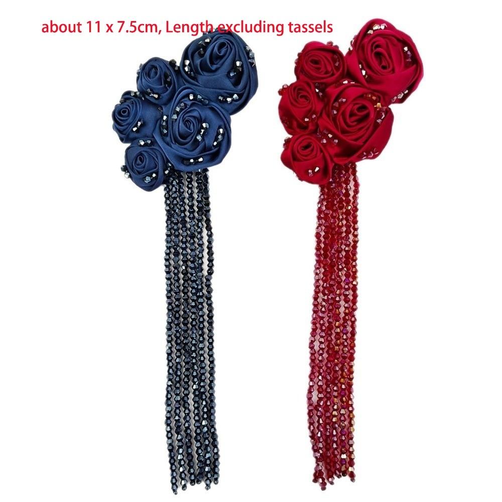 Crystal Beads Fabric Flower Appliques Tassel Details 3D Fabric Flowers Wedding Decoration