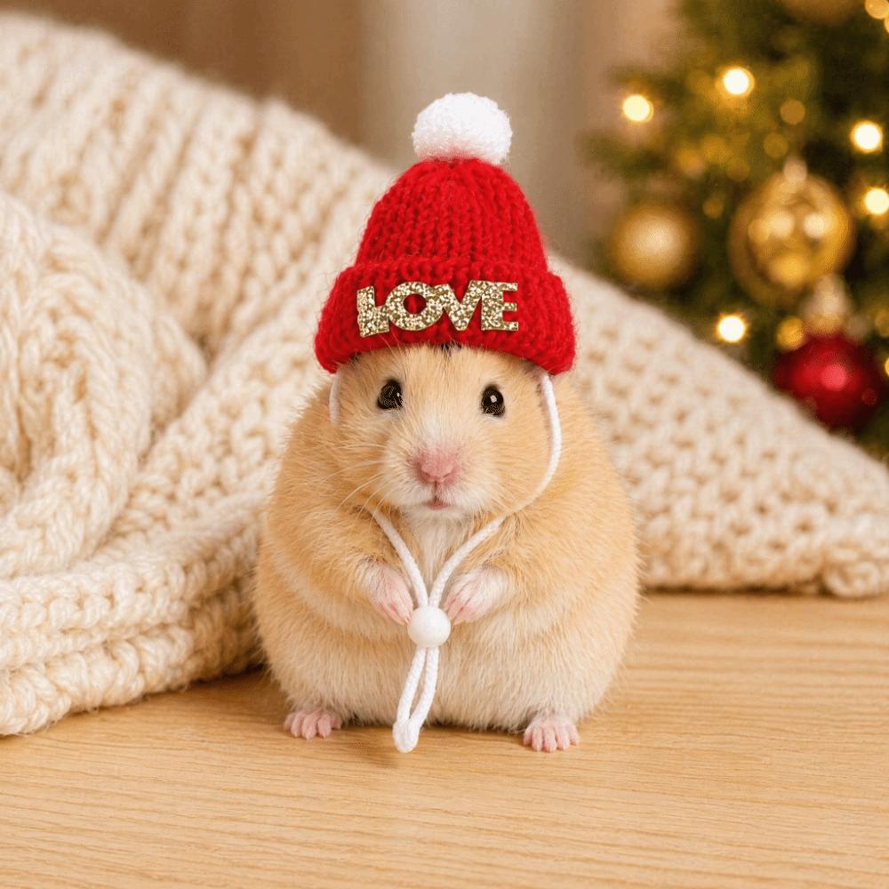 Pom-Pom Top Hamster Christmas Hat Knitted Pet Costume Headwear Cute Santa Beanie Festive Dress-Up