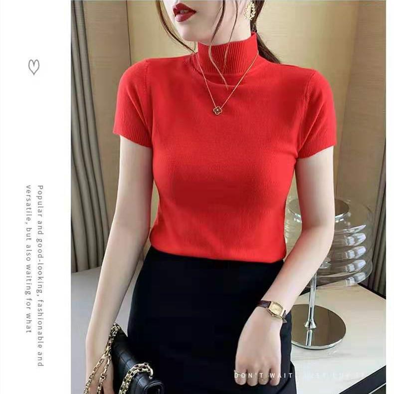 Модная весенне-осенняя мягкая трикотажная рубашка с полувысоким воротом, короткий рукав, женский топ, тонкий теплый низ, повседневные, облегающие, свитера, футболки