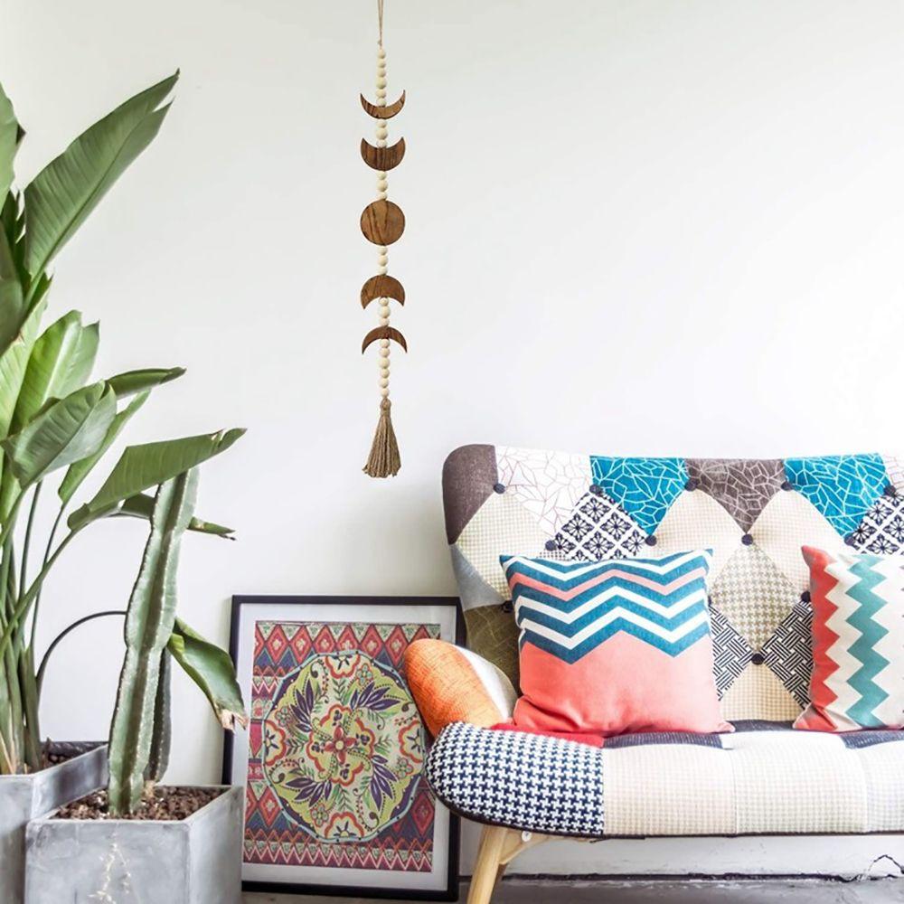 Living Room Celestial Ornament Tassel Garland Wood Moon Phase Wood Bead Wall Hanging