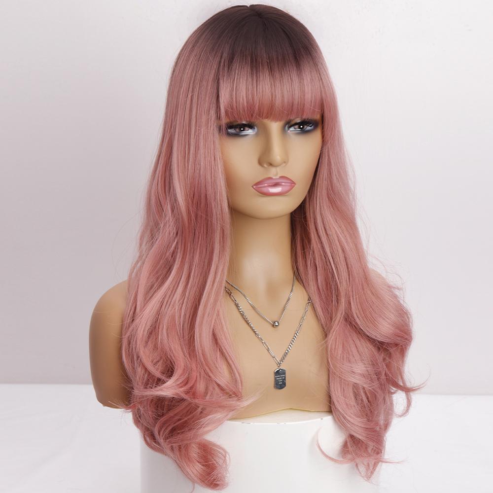 MISS WIG Длинный розовый волнистый парик омбре с челкой, черный, коричневый, косплей, натуральный синтетический парик из термостойкого волокна для женщин