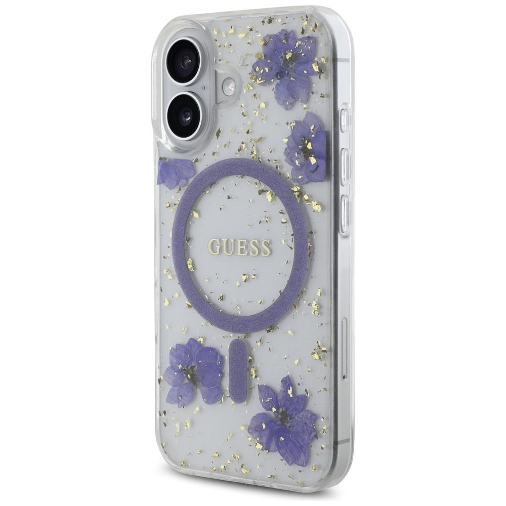 Etui do iPhone 16 Guess MagSafe Glitter Kwiaty Fioletowe