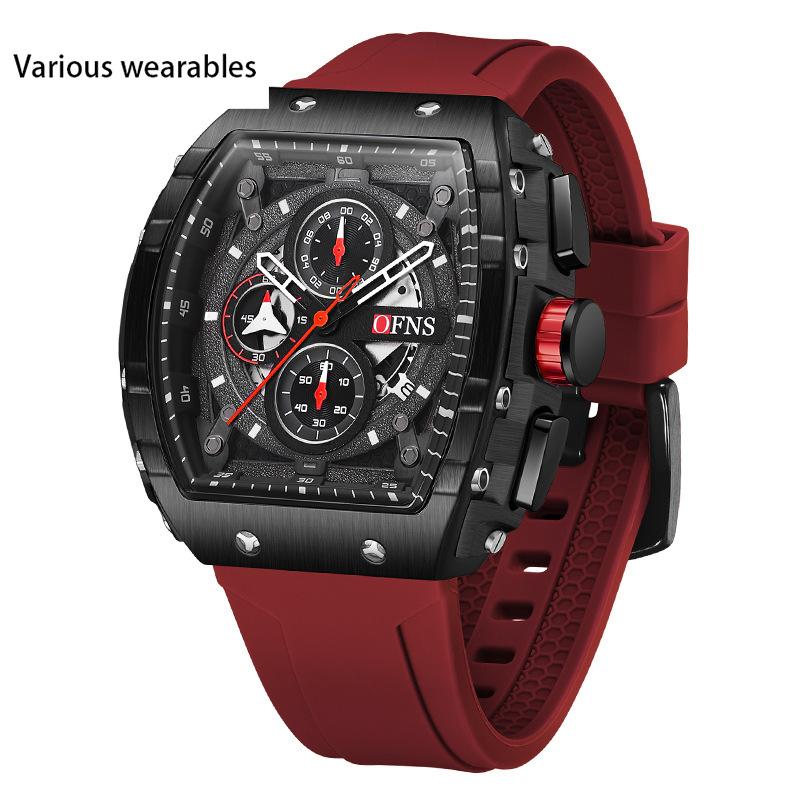 Outdoor Style Wine Barrel Men's Watch Curved Mirror Gradient Hollow Men's Watch Three Eyes and Six Hands Watch