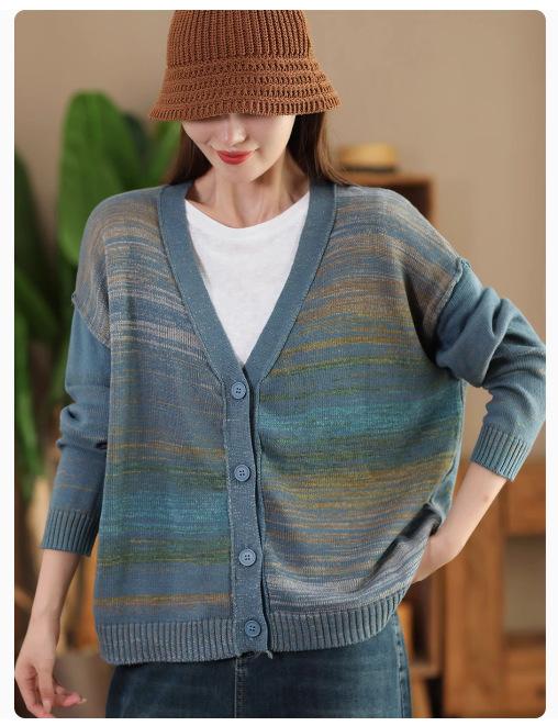 Johnature Женское осеннее модное повседневное трикотажное пальто с цветными блоками и V-образным вырезом в китайском стиле с длинными рукавами в винтажном стиле