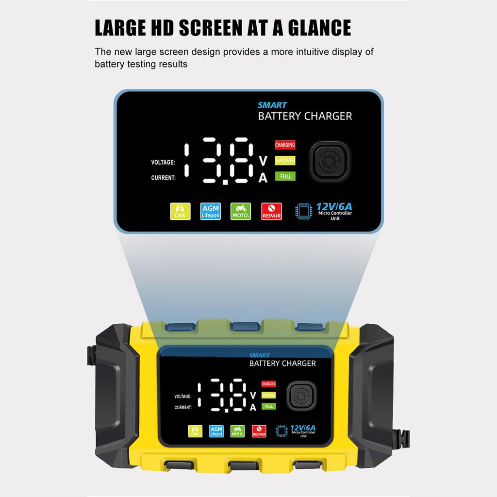 Battery Charger, 12V Intelligent Automatic Battery Charger with Large Digital Display Screen,