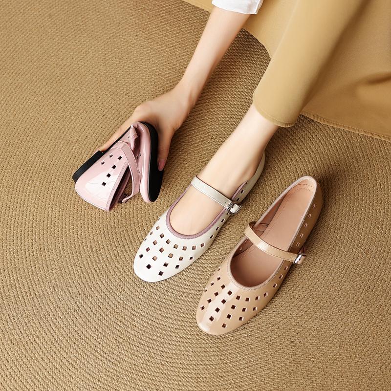 Fashion Women's New Leather Sheepskin Round Toe Hollow Breathable Elastic Belt Buckle Comfortable Low Heel Mary Jane Shoes with Holes