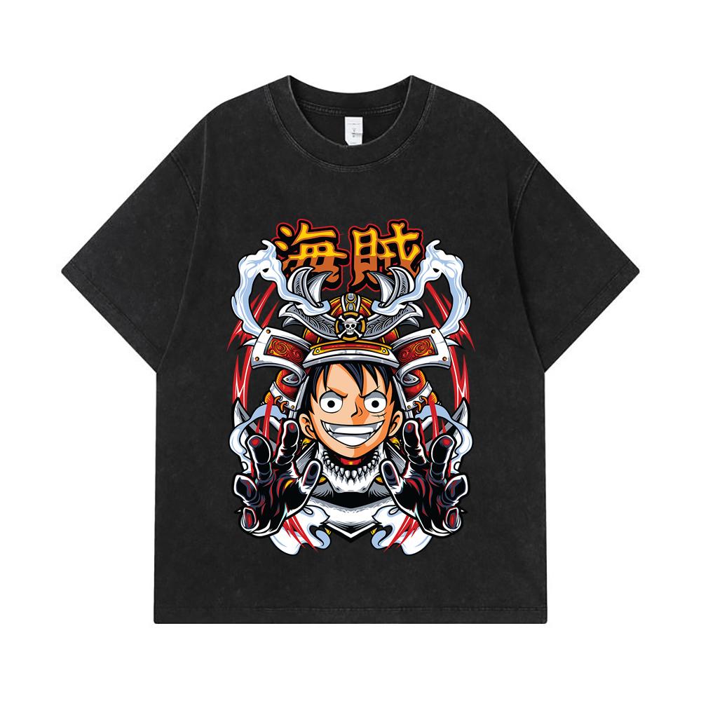 275 GSM Washed T-shirts 100% Cotton One Piece V70 Luffy Samurai Print Unisex Heavy Cotton T Shirt