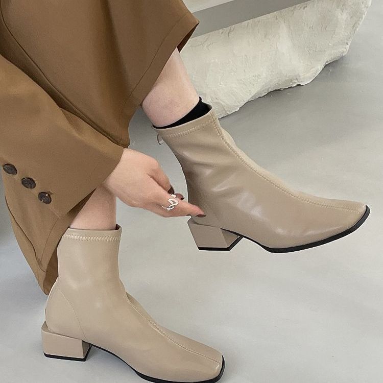 2025 New Square Head Thick-soled Rear Zipper Leather Martin Boots British Style Short Tube Large Size Velvet Women's Boots 41-43