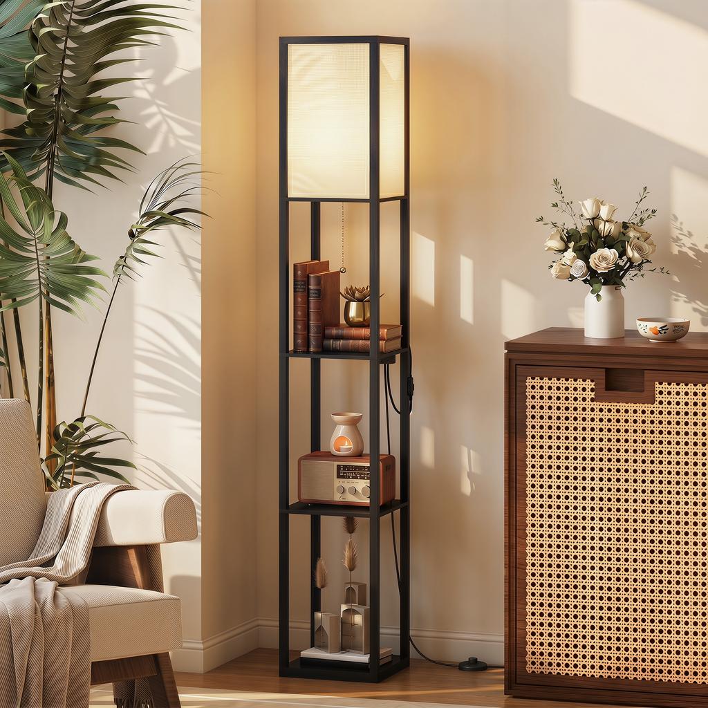 LED Floor Lamp with Shelves, Dimmable, Pull-Chain Switch & Outlets, Black