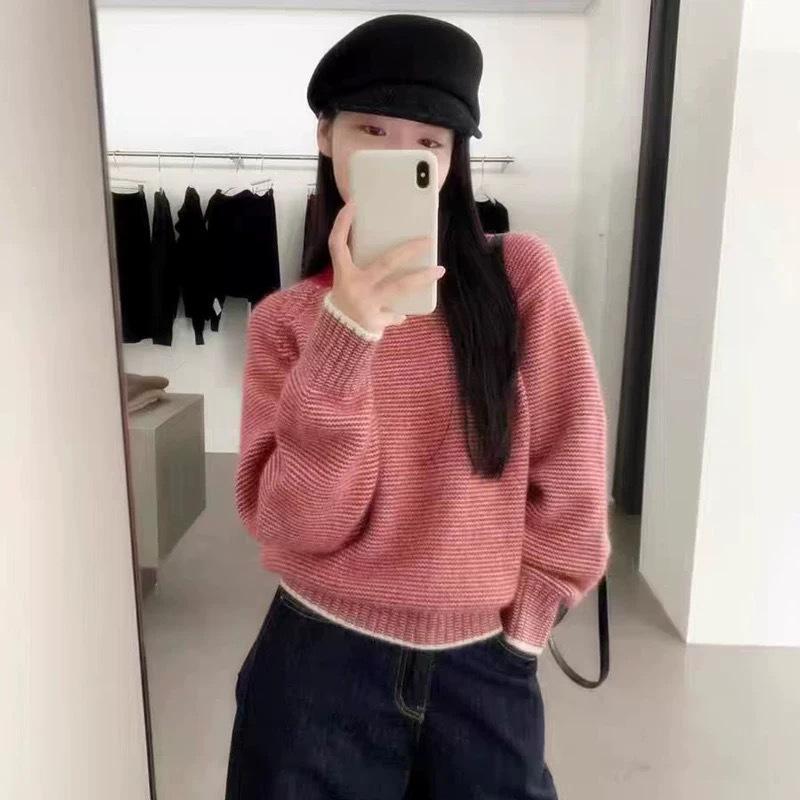 European Style Pure Wool Color-Block Striped Sweater for Women - Thickened, High-End Autumn/Winter 2024 Base Layer Short Top