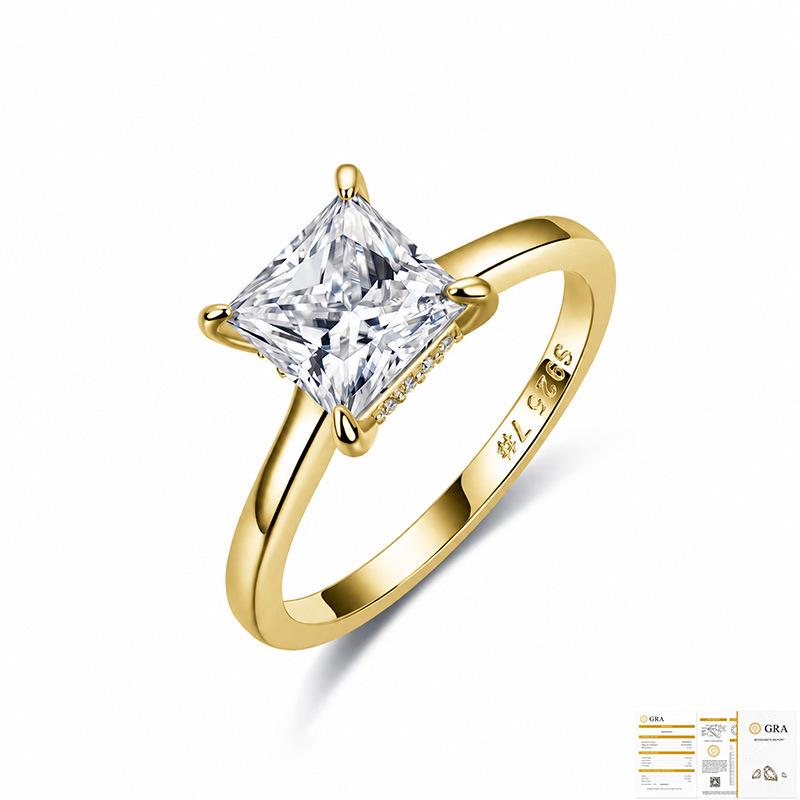 S925 Sterling Silver Princess Cut Moissanite Ring, Four-Prong Design, Full Moissanite.