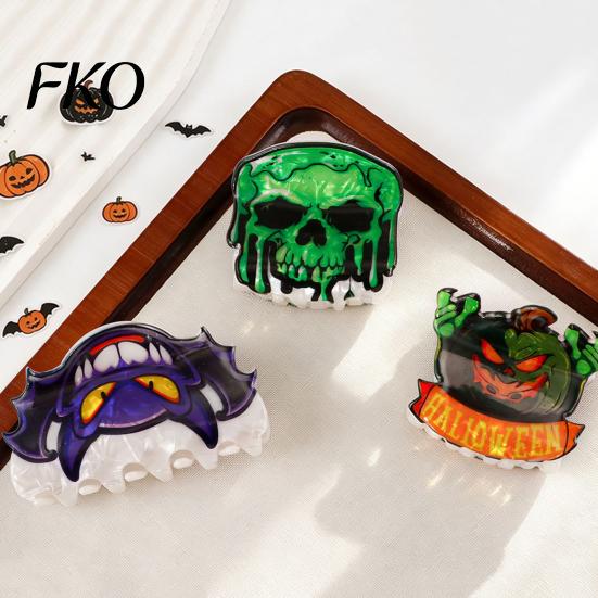 Glossy Texture Hair Clip Back Head Claw, Reinforced Shark with Elastic Base, Halloween Skull Scratch-resistant Pumpkin Bat Patterns for Bun Half-Tied