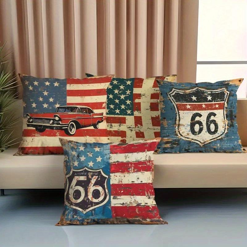 4Pcs Retro Flag Route 66 Digital Printing Pillow Cover Short Plush Suitable Living Rooms Bedrooms Sofas Throw Cushion Cover