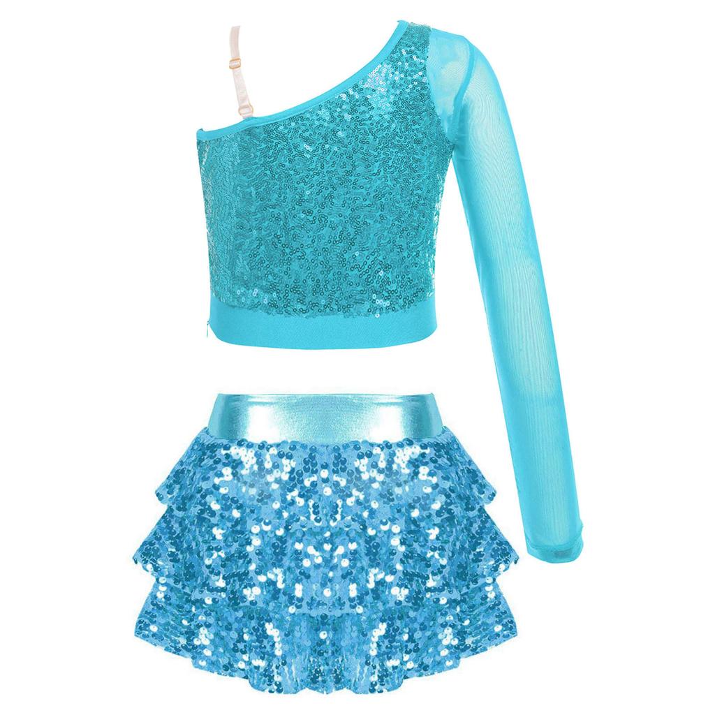 Kids Performance Costume Sequins Adorned One Shoulder Top with Wide Leg Shorts