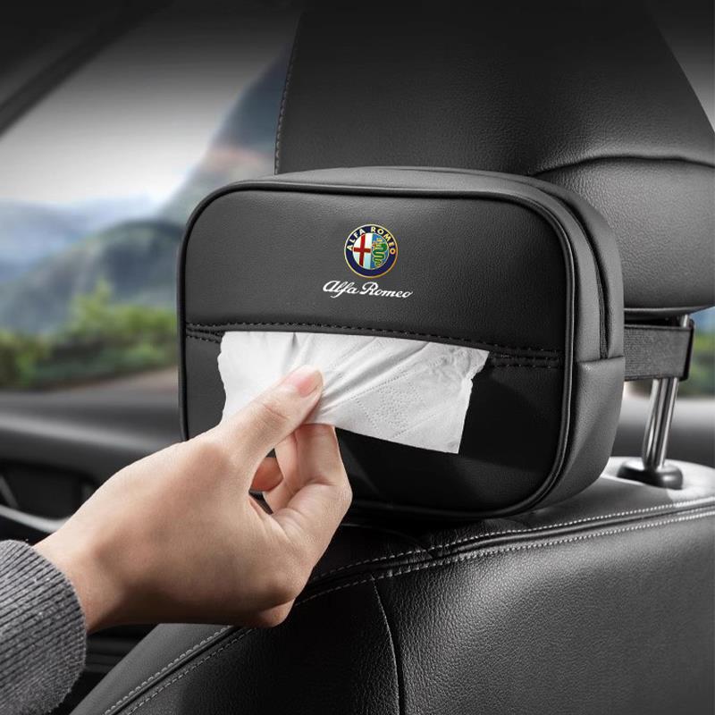 YUPR7 Car Tissue Box Holder Leather Car Armrest Napkin Case Sun Visor Backseat Bag For Alfa Romeo 4C 159 166 Spider Giulia 156 147 GT