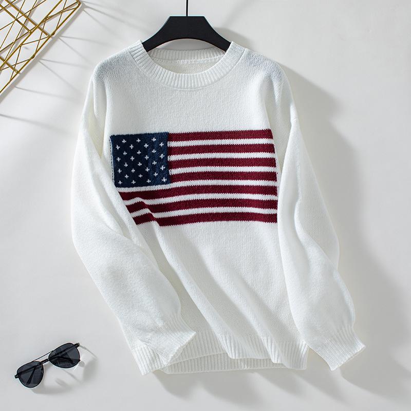 Autumn and Winter Women's Plus Size Knitwear Flag Casual Loose Round Neck Pullover Knitted Sweater