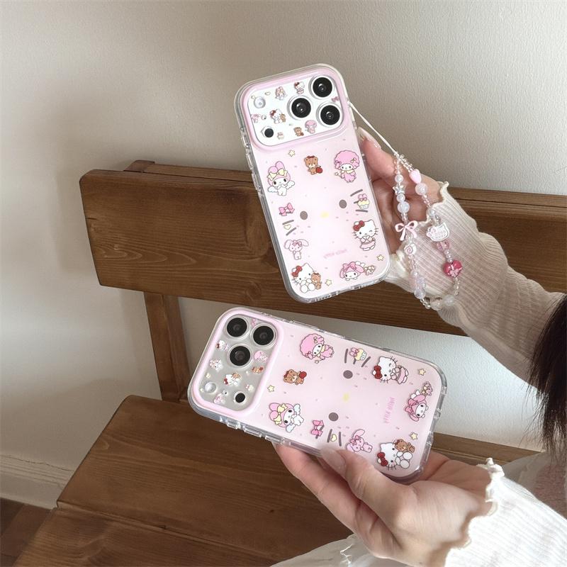 Новый розовый прозрачный чехол для телефона Hello Kitty My Melody с бусинной цепочкой для iPhone 14 15 16 17 Pro Max INS Милый противоударный чехол для девочек
