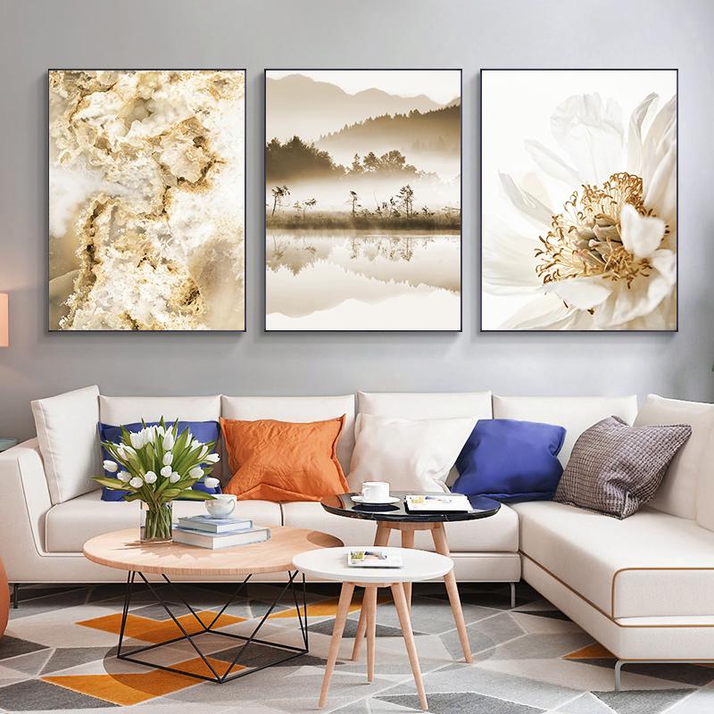 Современный горный морской пейзаж, картина на холсте, настенная живопись, цветы, листья, постер и принт для дома, гостиной, Настенный декор