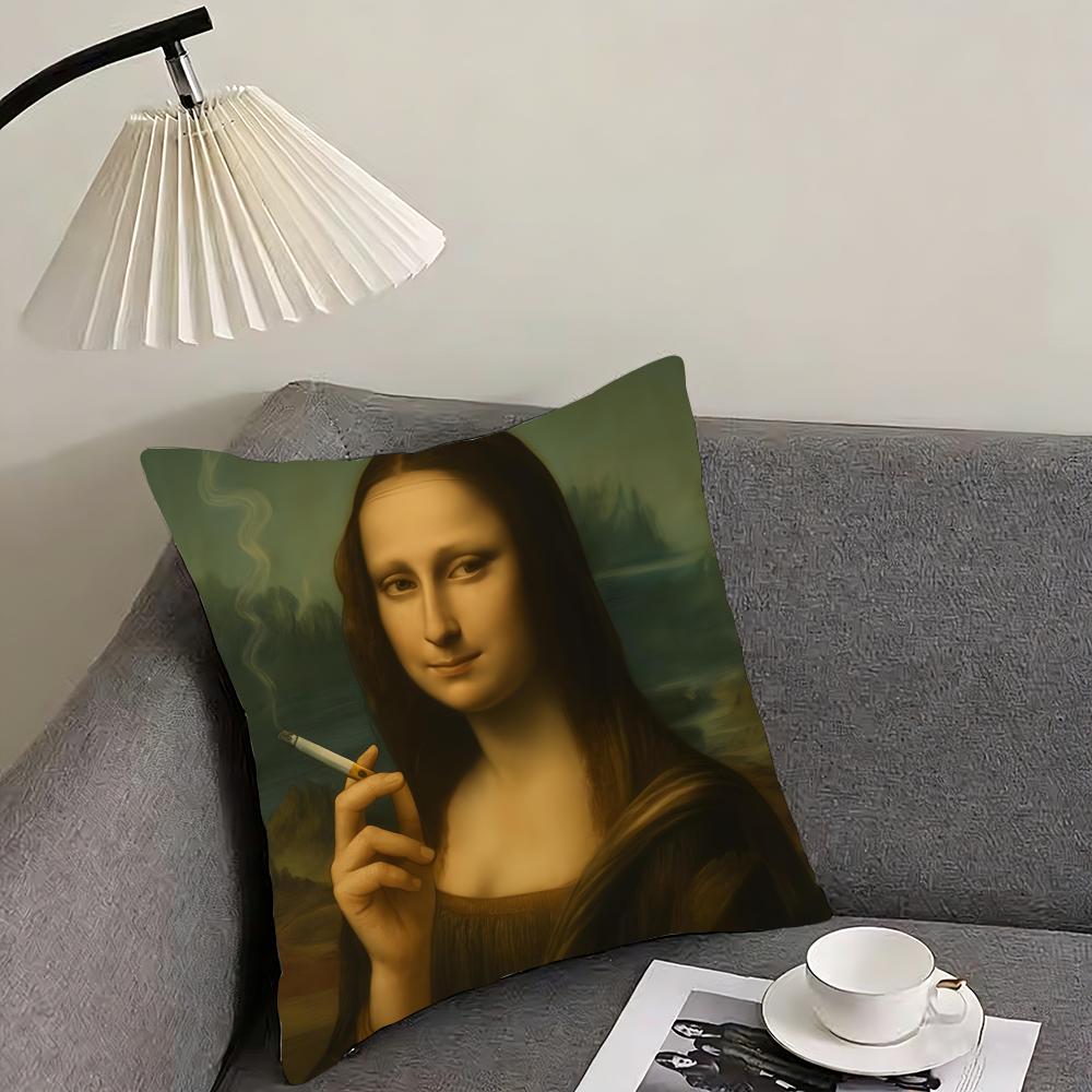 Modern Art Funny Mona Lisa Cushion Cover Pillowcase Ultra Soft Skin Friendly Fabric Cloud Like Comfort Concealed Zipper