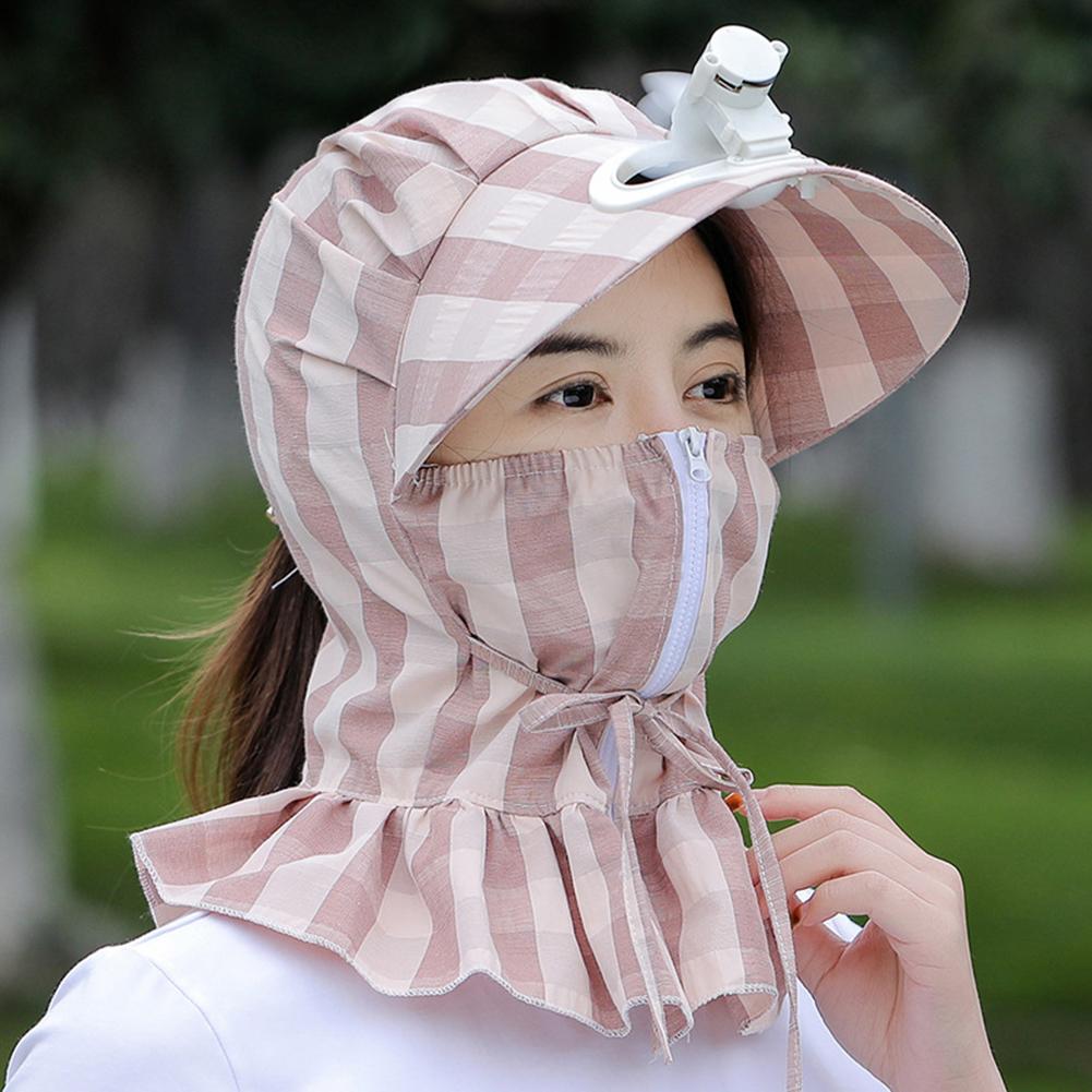 Women Summer Sun Hat Face-covering Neck Protective Windproof Sunshade Sunscreen Striped Hat With Fan