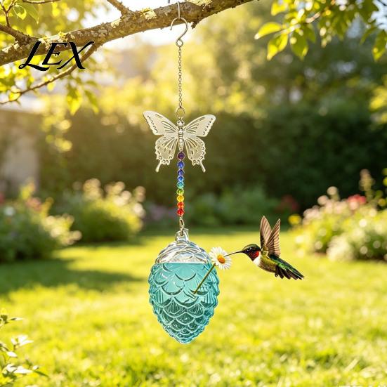Hummingbird Attracting Feeder Pine Cone Shape Glass with Butterfly/Dragonfly Decor, Outdoor Hanging Shaped Bird Water Beads Chain for Garden