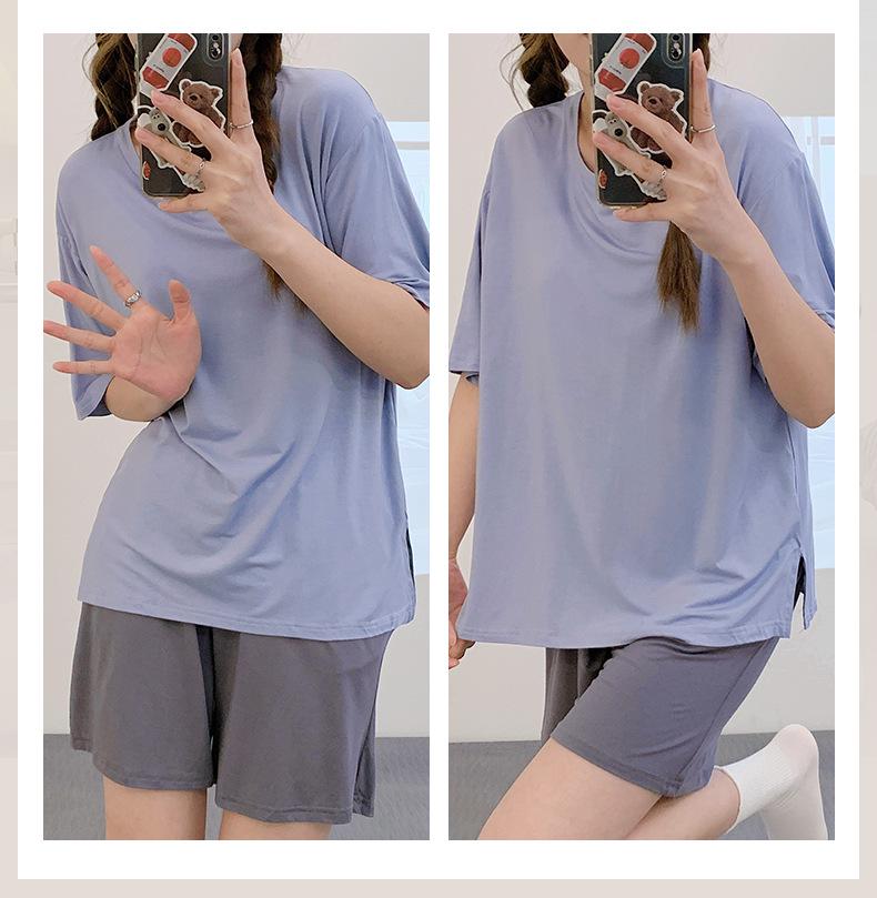 Женская летняя пижама 2023 года с короткими рукавами и нагрудными подушечками — легкий хлопковый комплект домашней одежды с антивыпуклыми точками для комфортного сна.