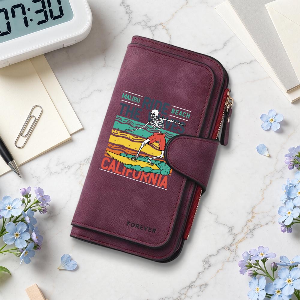 Vintage Skeleton Surf Printed Long Wallet Fashion Large Capacity Portable PU Card Holder Casual Daily Purses for Women Men