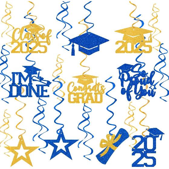 20Pcs Gold Black Graduation Hanging Swirl Decor, Class of 2025 Hanging Decorations, I’m Done, Congrats Grad, 2025 Happy Graduation Party