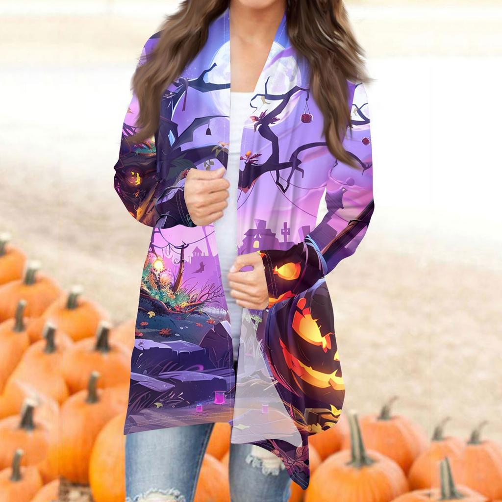 Женская модная повседневная куртка-кардиган средней длины с принтом на Хэллоуин и нерегулярным подолом