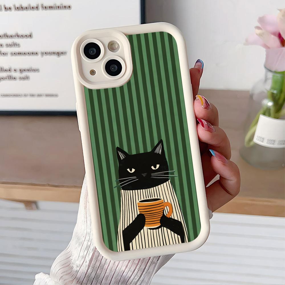Cute Coffee Cat Thicken TPU Mobile Phone Case for iPhone 17 16 15 14 13 12 11 Air Pro Max Plus Colorful Cover