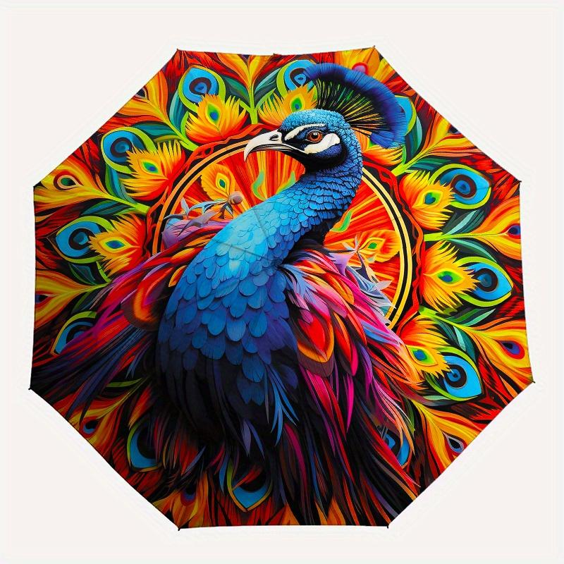 Peacock Feathers Theme 8 Bone Hand Automatic Folding Fashion umbrella, Compact and Portable Design, A Perfect Gift for Birthday, Christmas o