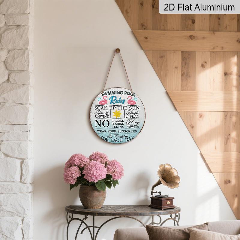 2D Flat, 1pc 7.87x7.87 Inch Round French Aluminum Sign, Vintage Decorative Plaque for "Pool Rules", "Pool Reminder" Decorative Sign, Suitable for