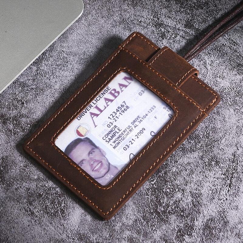 Ретро держатель для ID-карты и бейджа из кожи Crazy Horse с ремешком для мужчин, многослотовый, кофейного цвета, канцелярские принадлежности