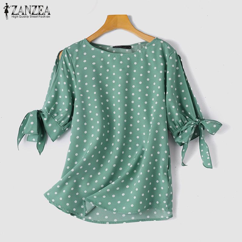 ZANZEA Женская летняя блузка с круглым вырезом и половиной рукавов с принтом в горошек