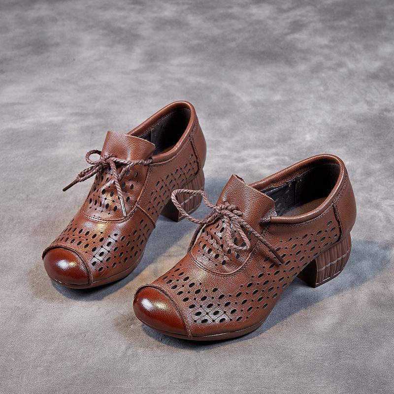 Johnature Ретро женская обувь Натуральная кожа Перфорированные Дышащие Мягкая подошва Толстый каблук Сандалии