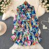Spring Autumn Women Vintage Print Chiffon Holiday Beach Shirt Dress Lantern Sleeve Mini Short Party Dresses
