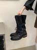 Retro style lace-up stacked medium boots new autumn and winter round head thick heel but knee long boots