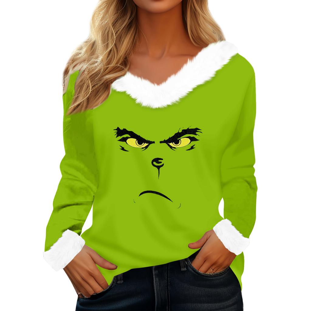 Women's T Shirt Tee Christmas Shirt Long Sleeve Party Christmas Print Fleece Collar V Neck Top