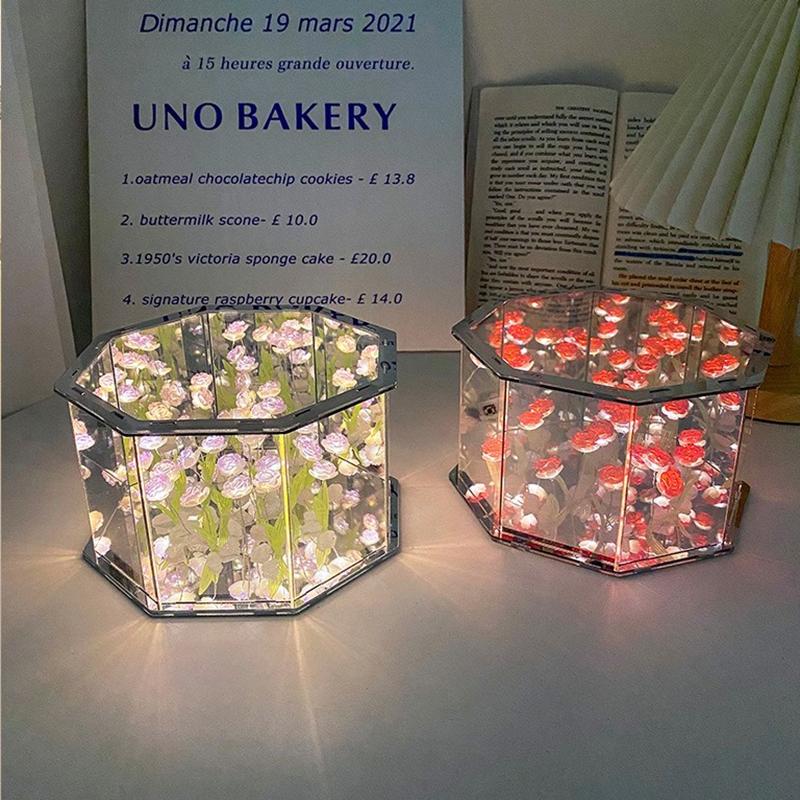 Handmade Rose Mirror Small Night Light Creative Night Gifts DIY Day Mother's Day Rose Light Valentine's Octagon