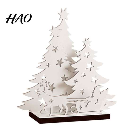 Decorative Wooden Hollow Sculptures LED Christmas Tree Tabletop Decor, Glowing Light Up Eve Party Decorations Ornaments for Holiday And Festive