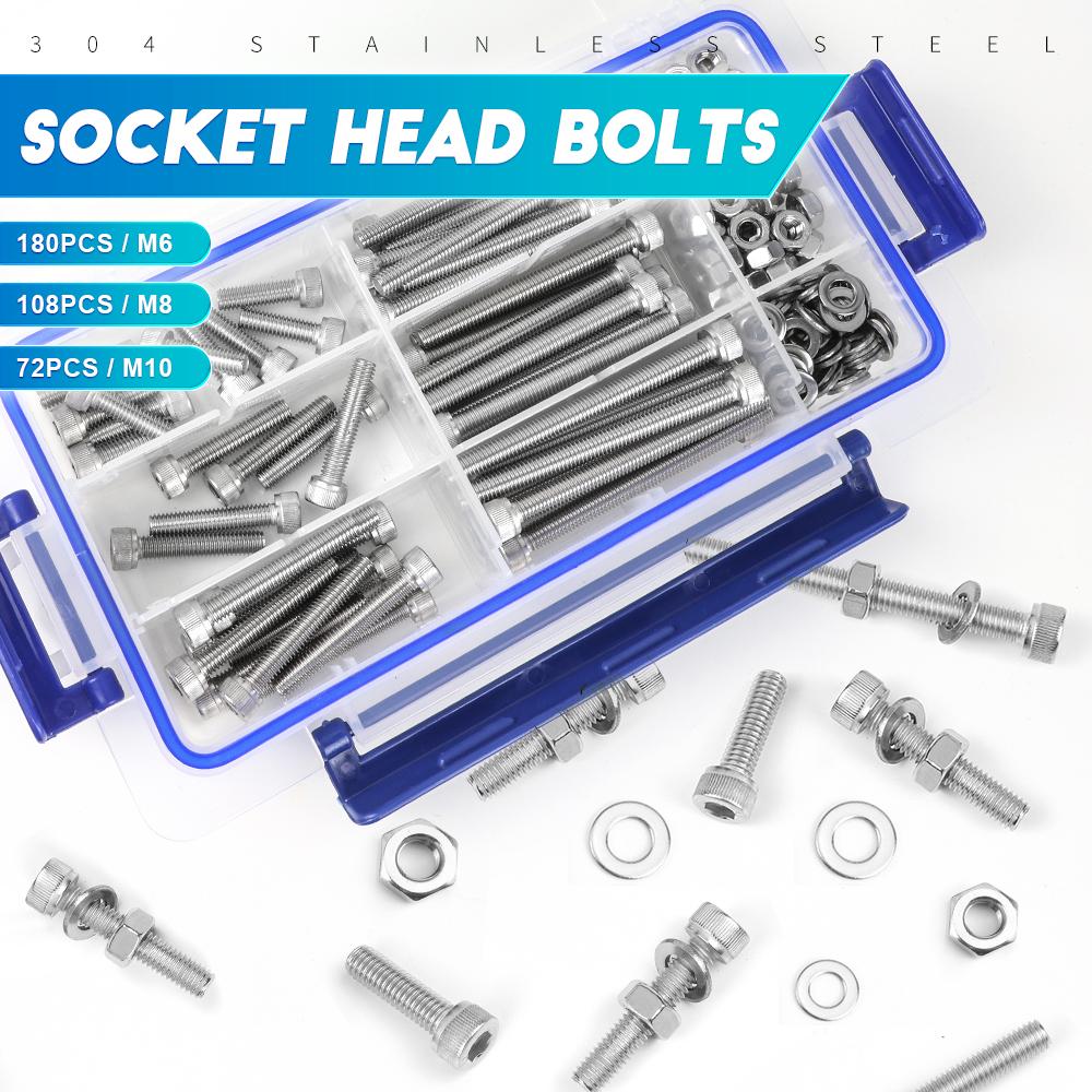 NINDEJIN M6 M8 M10 Bolts and Nuts Set Stainless Steel Big Size Allen Head Screw Kit Hex Socket Bolt Nut Set With Washers