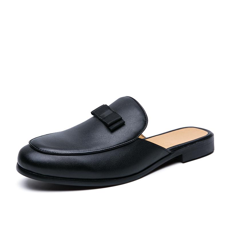 Men Leather Casual Shoes Summer Men Dress Shoes Half Slippers High Quality Simplicity Black Loafers Men Mules Lightweight Flats
