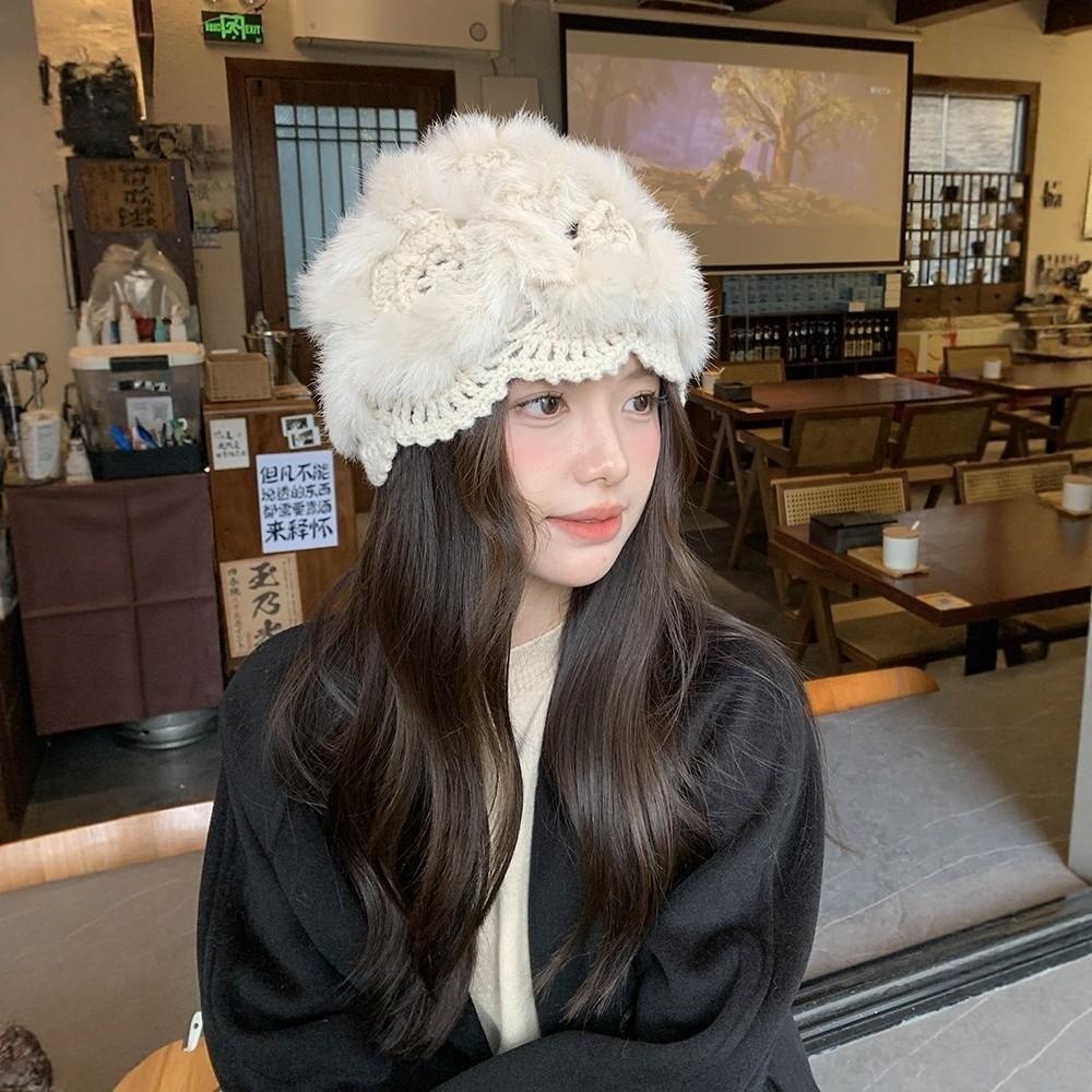 Rabbit Fur Earflap Bucket Hat Windproof Winter Crochet Hats Elastic Plush Hat Girls