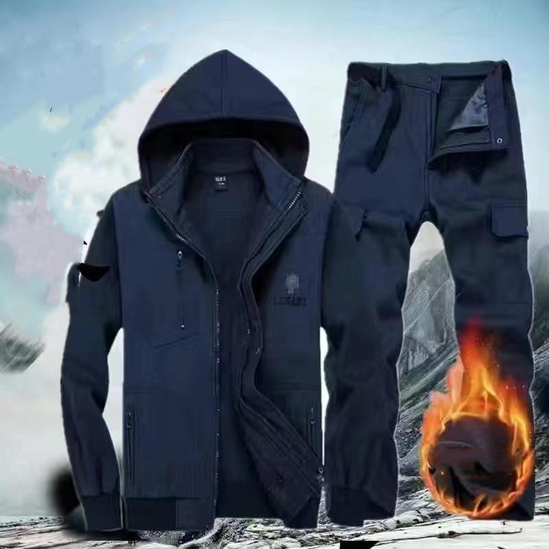 Мужской осенний комплект для активного отдыха, зимний утепленный флисовый костюм с капюшоном, топ с капюшоном и брюки, комплект из 2 предметов