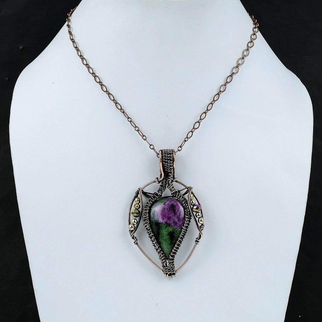 Рубиновый кулон с цоизитом, титановые бусины, медный кулон, обернутый проволокой, ювелирные изделия из драгоценных камней, кулон из проволочной обмотки ручной работы, медные украшения для подарков