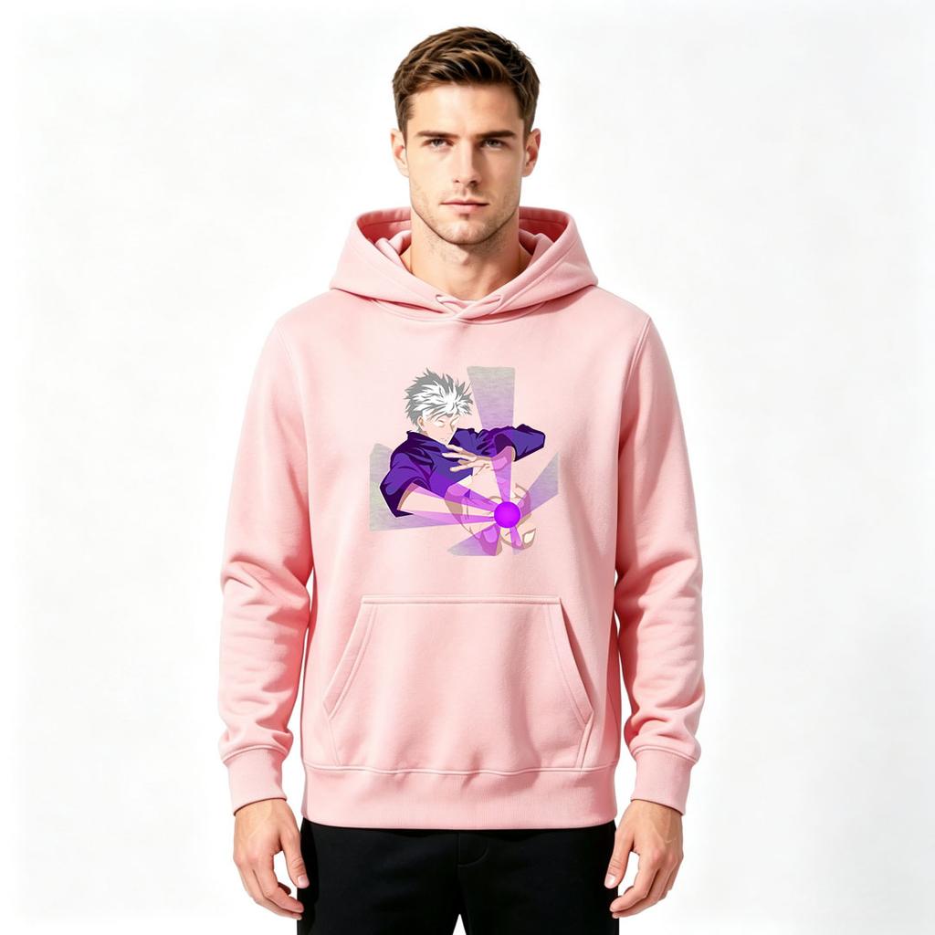 Men Anime Printed Pullover Hoodie, Casual Long Sleeve Streetwear Hooded Sweatshirt with Gojo Character Purple Energy Print