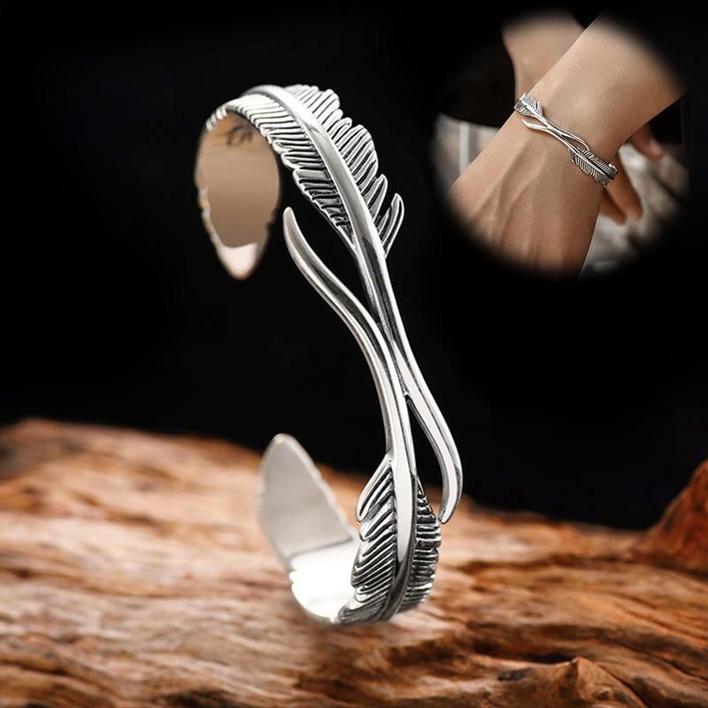 1Pc Vintage Punk Silver Color Feather Cuff Bracelet for Men Women Wrist Adjustable Bracelet Charm Birthday Gift