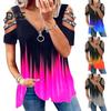 Женская летняя футболка с открытыми плечами, декор со стразами, короткие рукава, большие размеры, свободный подол, V-образный вырез, градиентный контрастный цвет, женская блузка