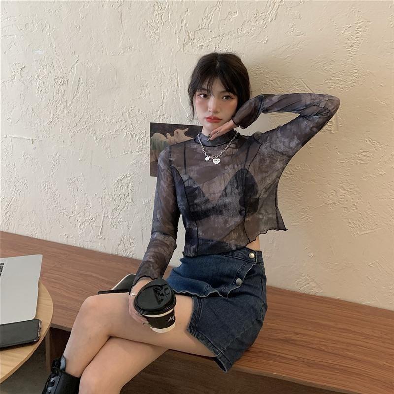 Женские футболки с длинным рукавом с принтом тай-дай, летние солнцезащитные укороченные топы, модные уличные газовые топы в корейском стиле, шикарные подростковые ретро