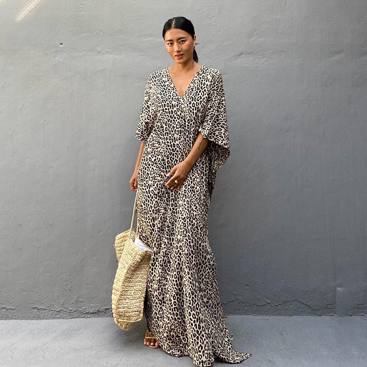 2021 European & American Leopard Print Rayon Beach Cover-up Robe with Belt